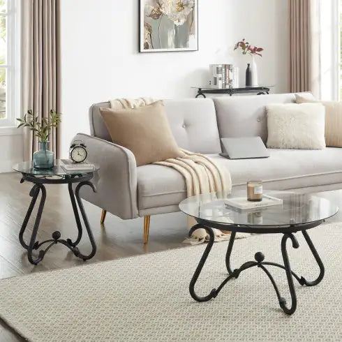 2 Piece Tempered Glass Surface Coffee Table Set
