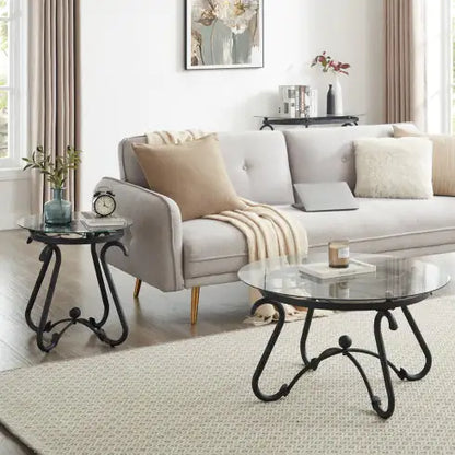 2 Piece Tempered Glass Surface Coffee Table Set